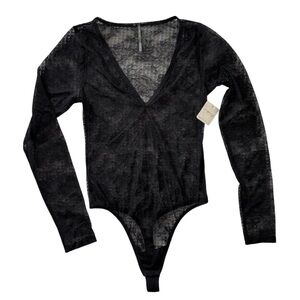 NWT Free People black lace floral long sleeve thong bodysuit anthropologie